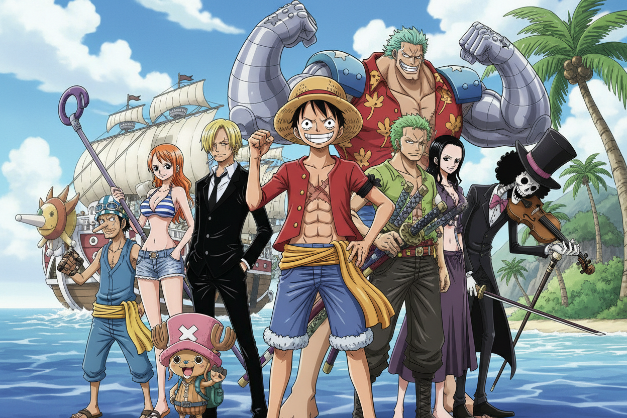 One piece main characters all in one picture, make sure everyone is true, not fictional 
